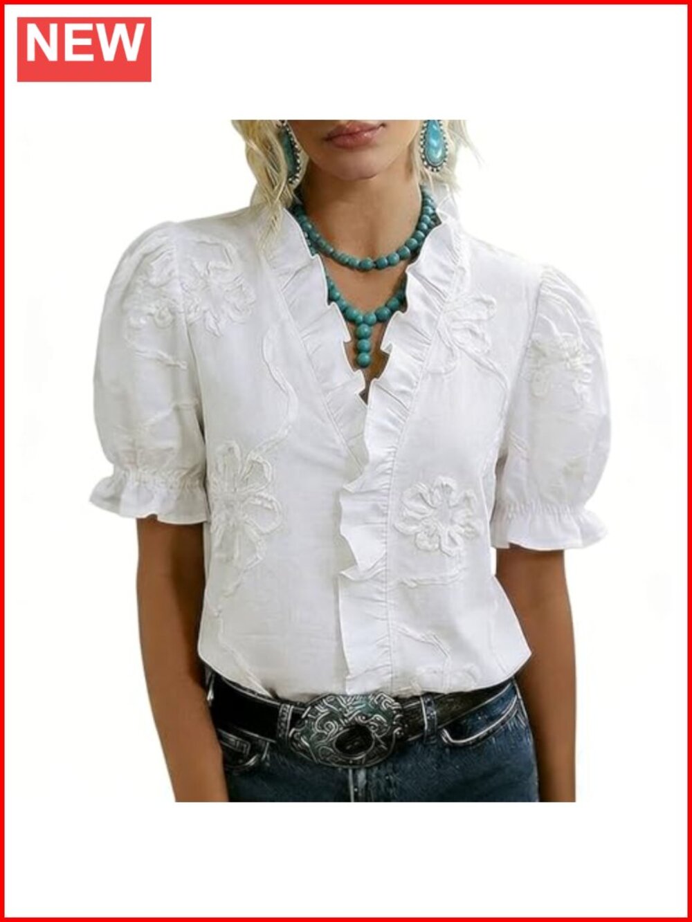 Women Flower Embroidered Short Sleeve Casual Boho Blouse